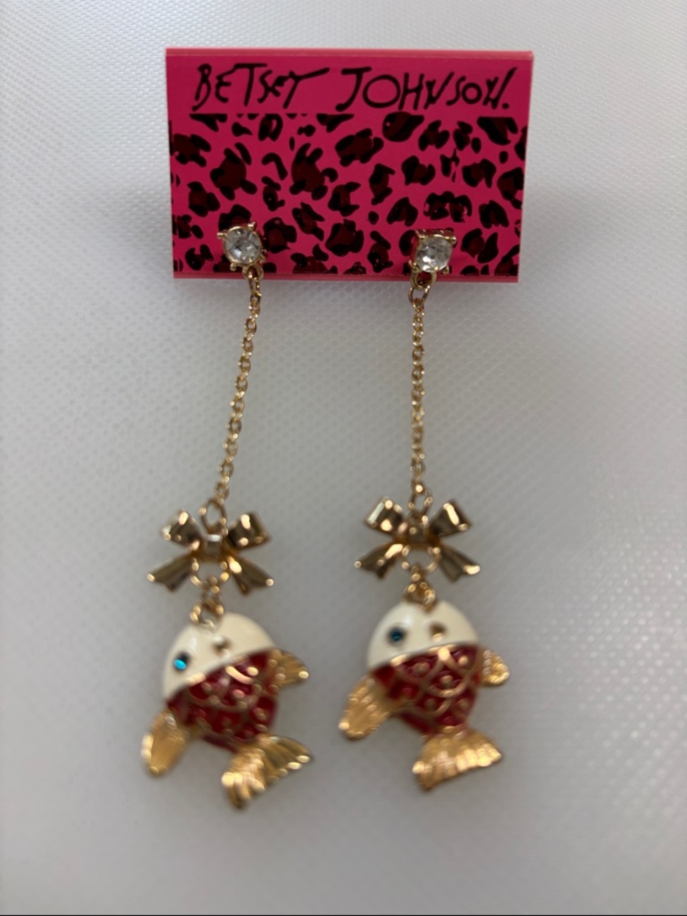 Betsey Johnson Gold Fish Drop Earrings - White, Red & Blue Accents